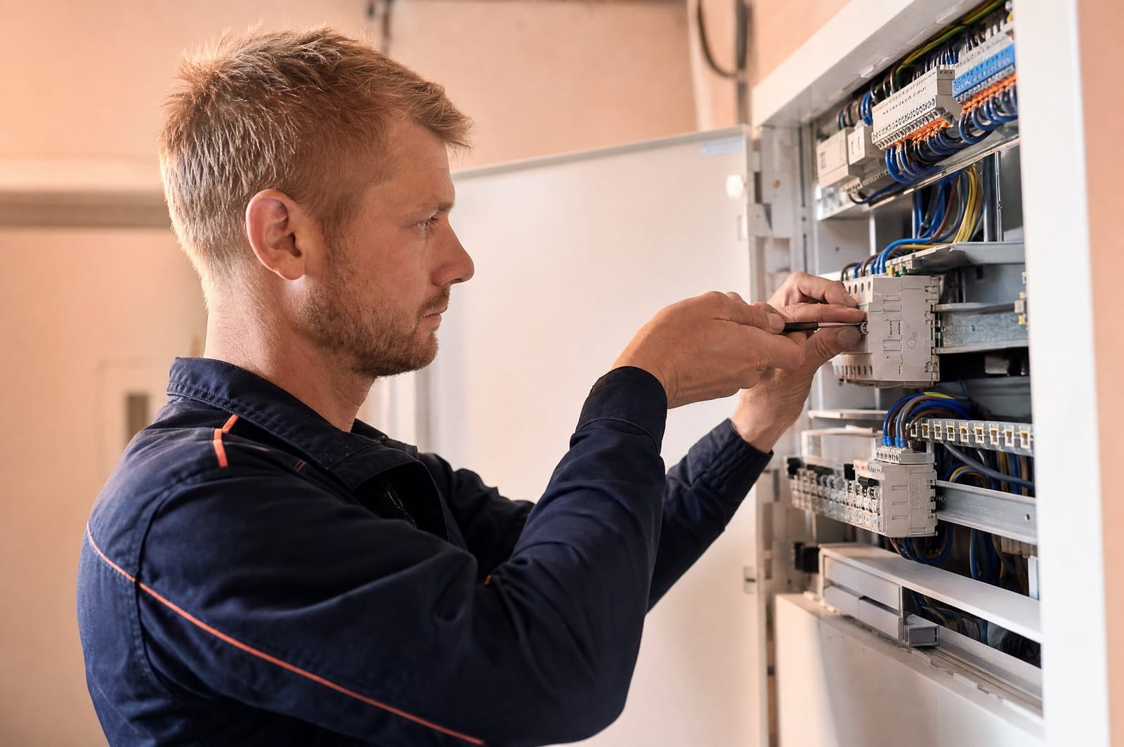 Elektriker forbinder ledninger i en moderne eltavle i et lyst teknikrum