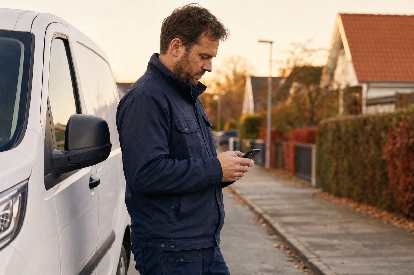 Servicemedarbejder står ved sin varevogn på en dansk villavej og tjekker telefonen