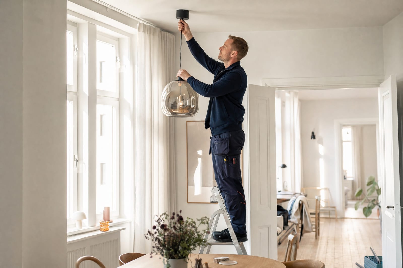 Elektriker monterer pendellampe i en lys renoveret lejlighed