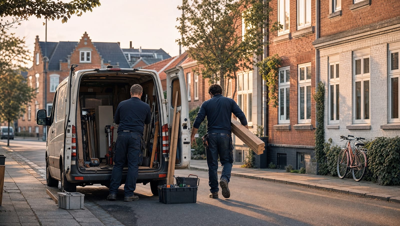 To håndværkere læsser værktøj og materialer af en varevogn på en dansk villavej