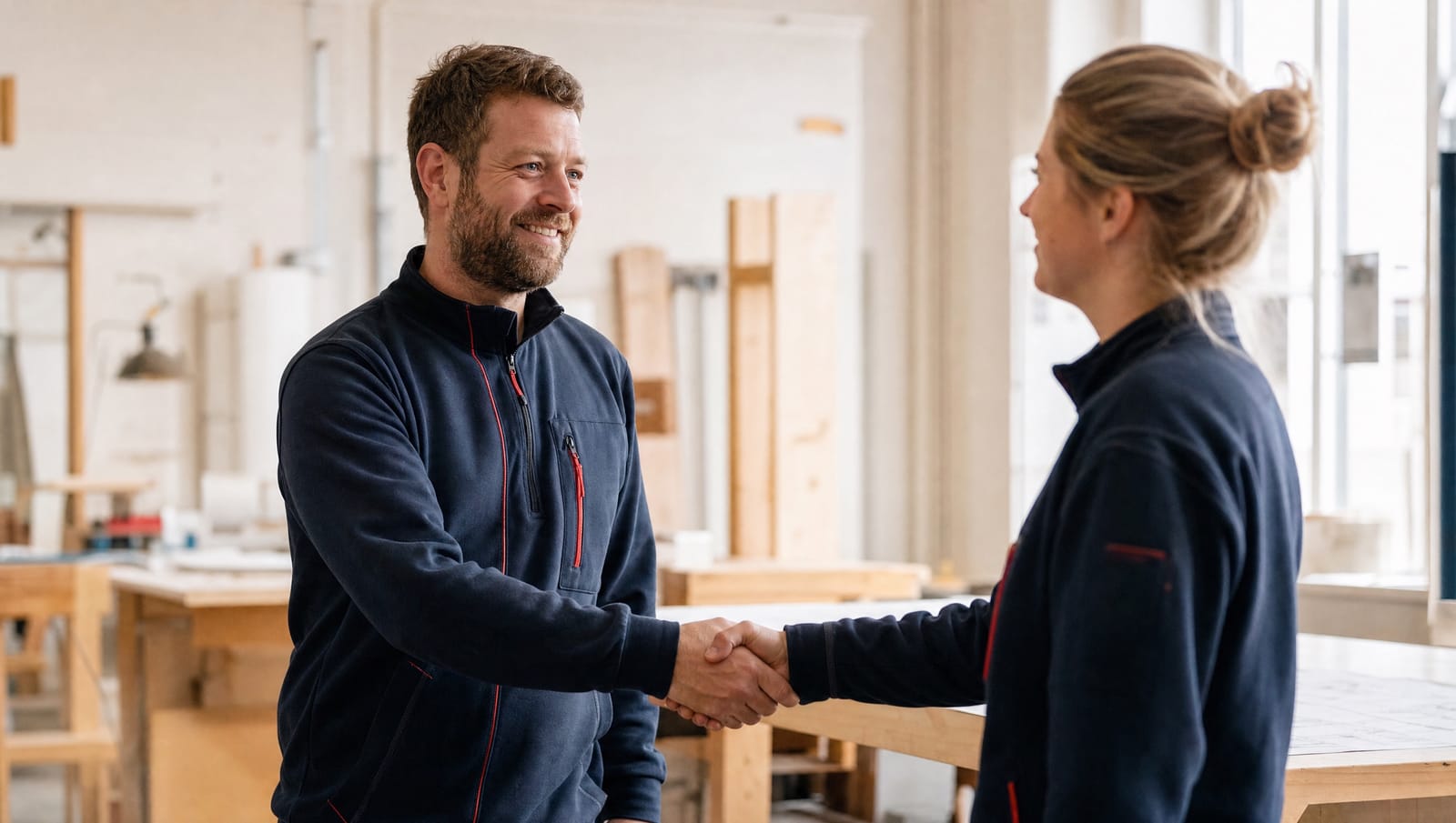 Teamleder byder ny medarbejder velkommen i et lyst værksted