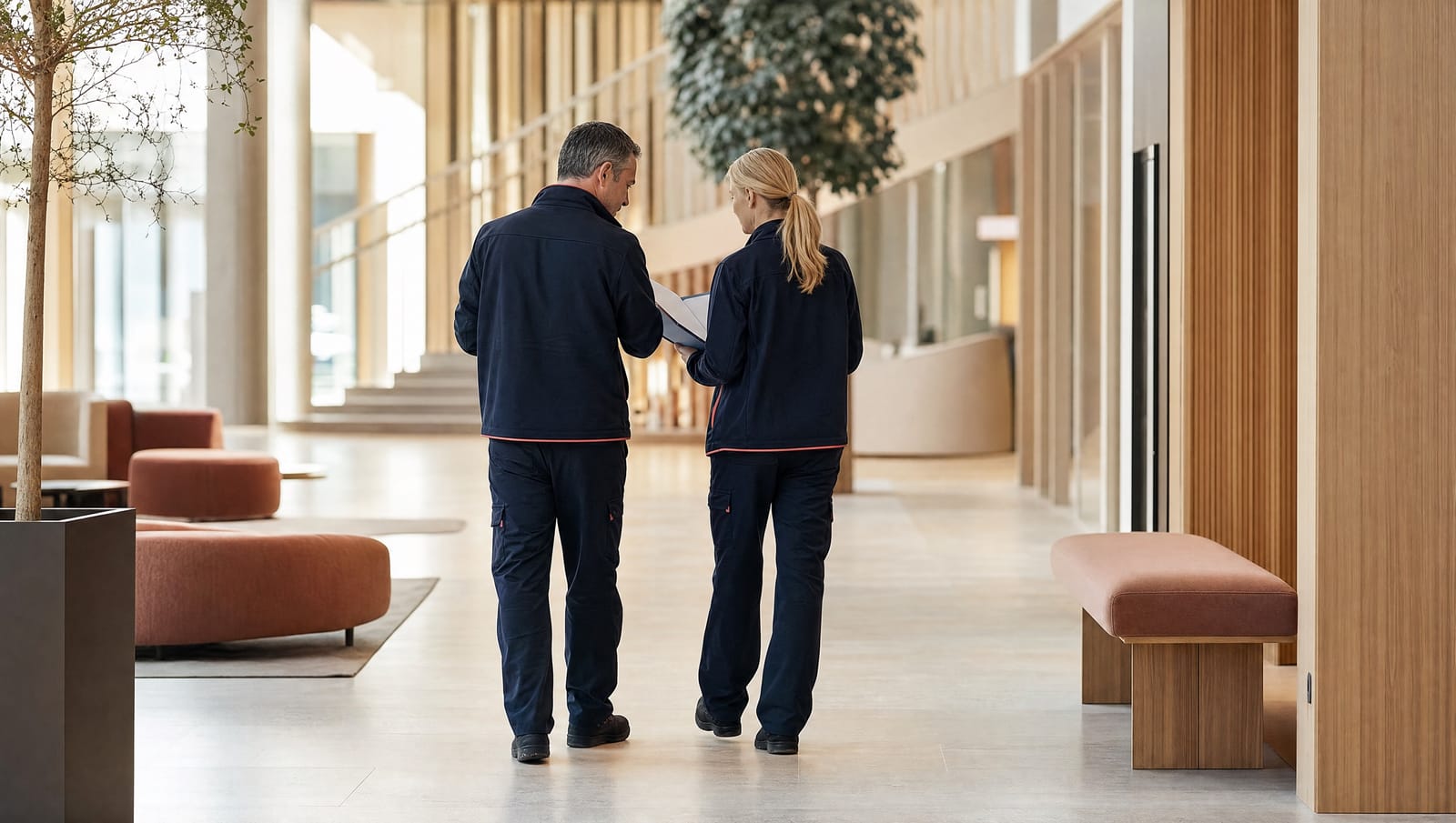 Facility manager og serviceleverandør gennemgår en mappe i en lys atriumbygning
