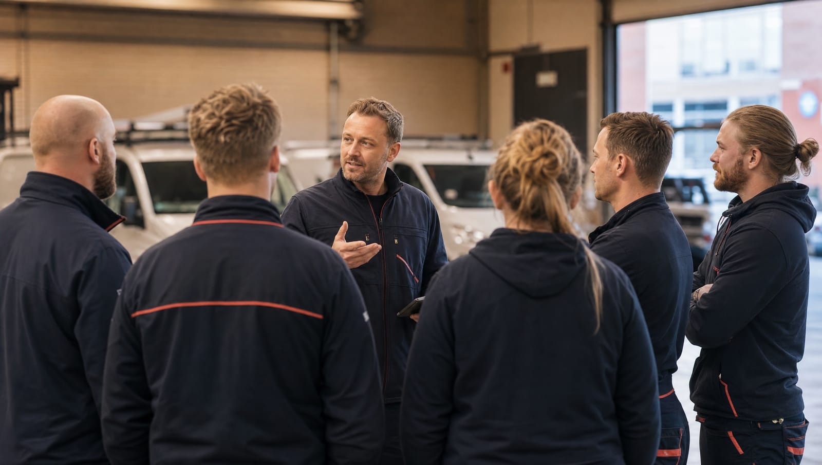 Serviceteam samlet til kort morgenbriefing i depotet